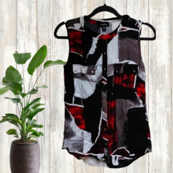 Le Chateau black white and red geometric patchwork pattern sleeveless bl… - Picture 1 of 5